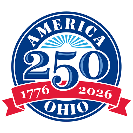 America 250 Ohio bicentennial logo featuring the number 250 with the dates 1776 and 2026 in red, white, and blue.